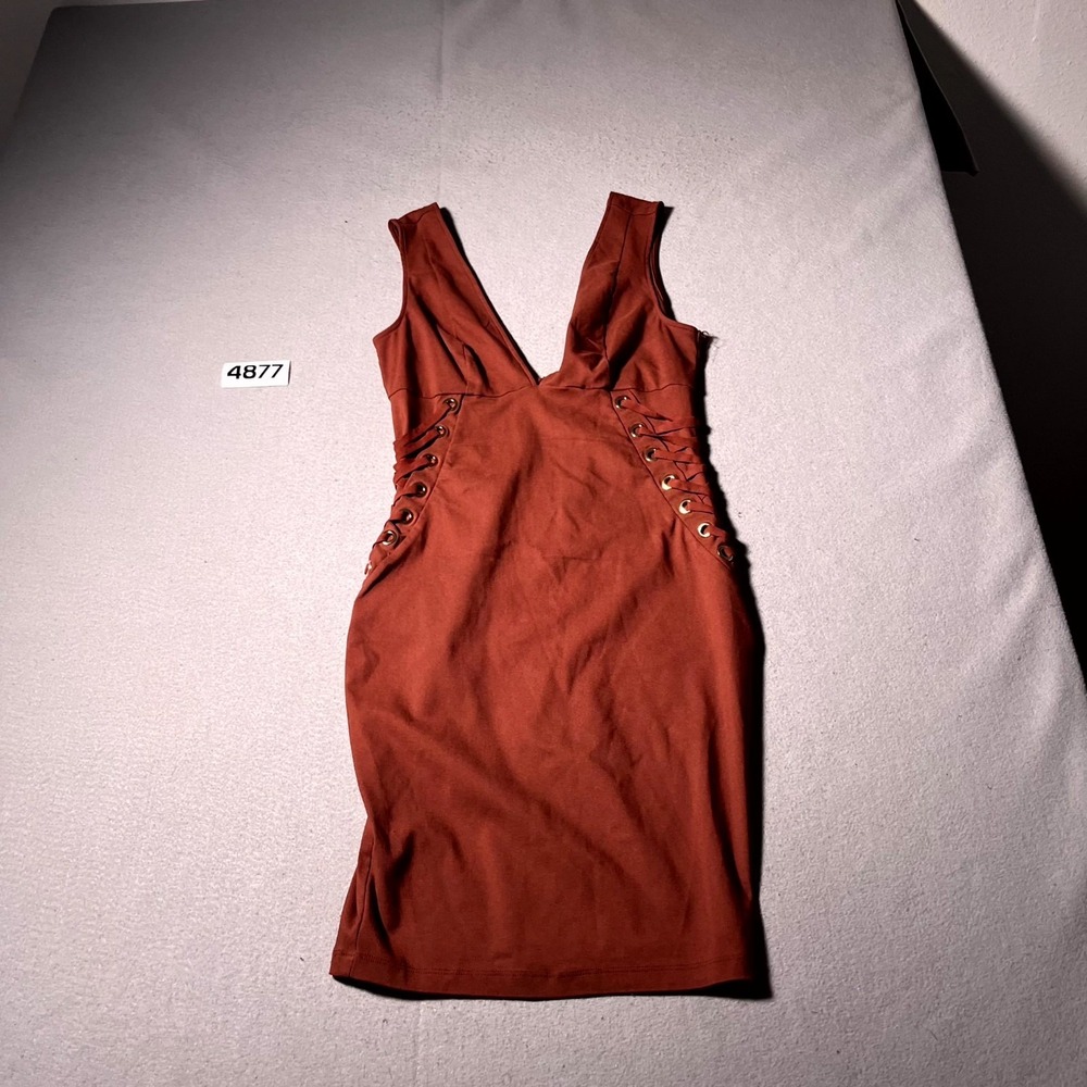 Iris Mini Bodycon Dress Women L Brown Back Zip Lace Up Grommet V Neck Wide Strap
